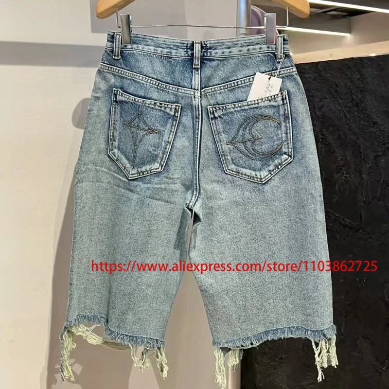 American Trend THUG CLUB Jeans Street Hip-hop High-quality Retro Fashion Patchwork Ripped Hole Thug Club Middle Pants