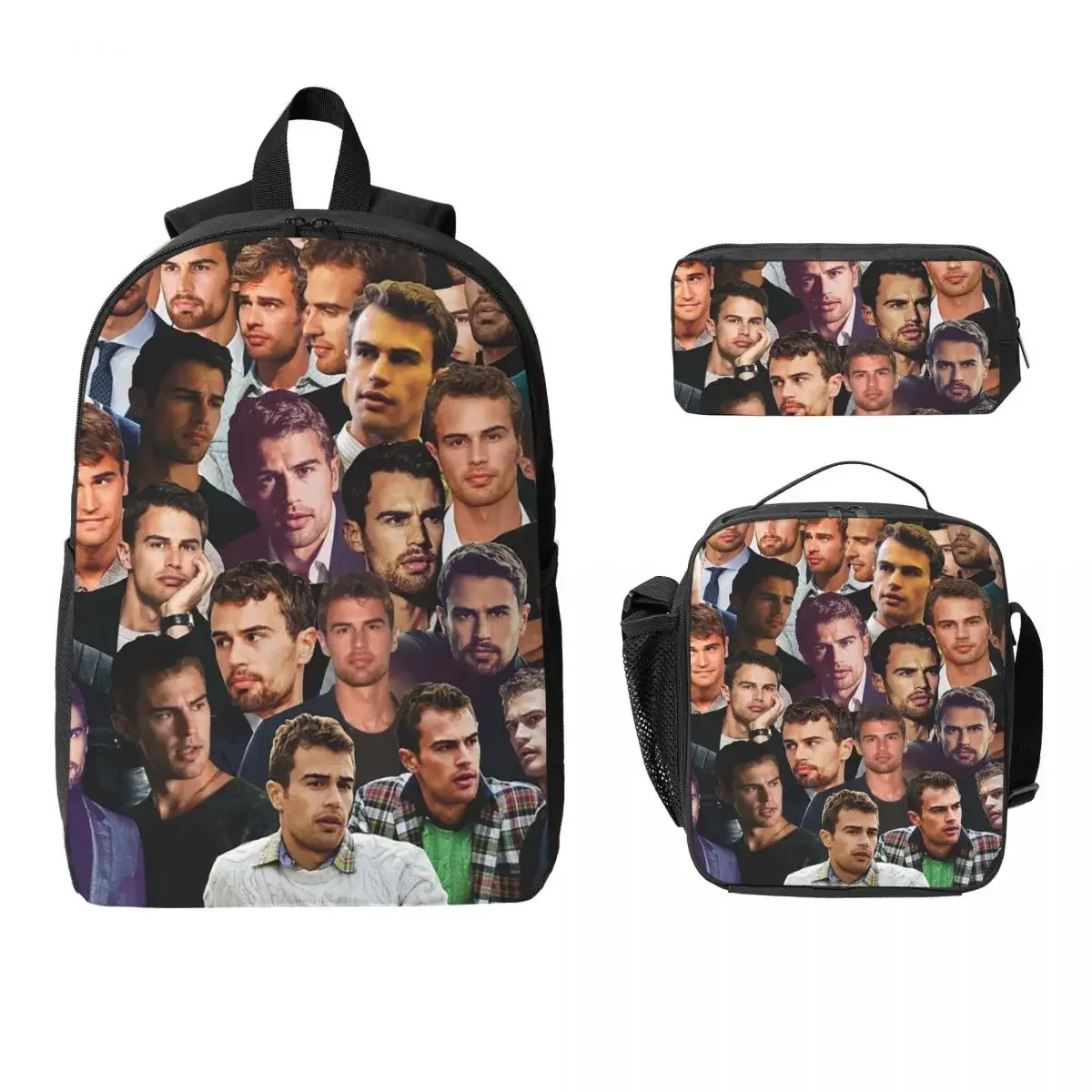 Theo James Photo Collage Backpack Student BookBag School Bag Computer Shoulder Bags 3ps Insulated Lunch Bag Pencil Case