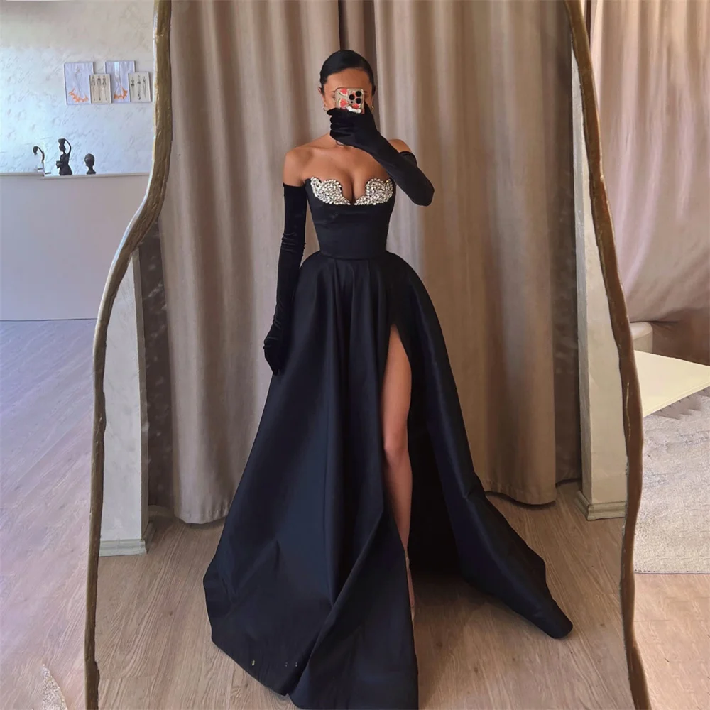 ROYET Sexy Formal Crystal Black Evening Dress For Woman High Side Slit Floor Length Elegant Simple Prom Party Gown New 2024