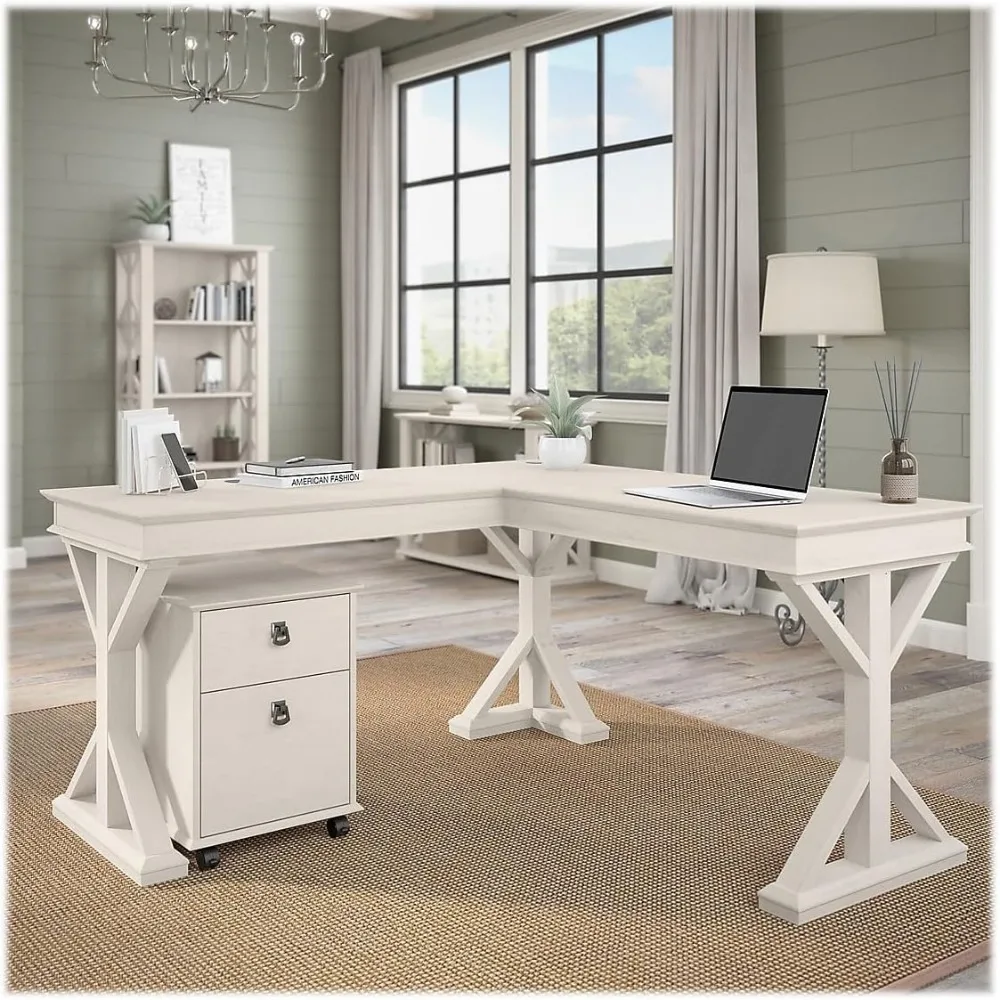 Farmhouse L Shaped Desk with Mobile File Cabinet, Linen White Oak