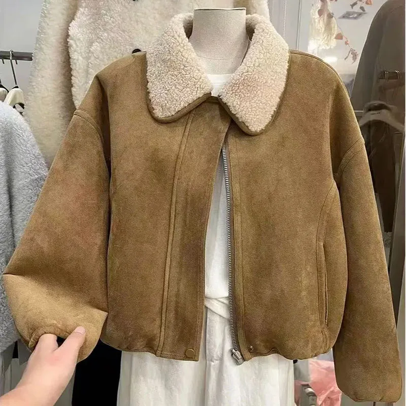 

Women Vintage Zipper Coats Fur Collar Long Sleeve All Match Casual Jacket Retro Loose Streetwear Harajuku Pocket Patchwork Tops