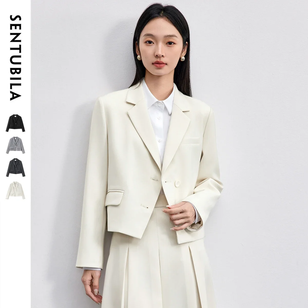SENTUBILA Women Cropped Blazer 2026 Autumn Notch Lapel Single-Breasted Two-Button Jacket Office Commute Top Ladies Q53XA1652