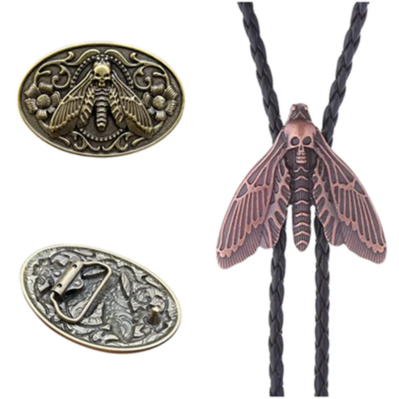 Two sets of Bolo ties with leather belt buckles and creative moth-shaped fashionable bows