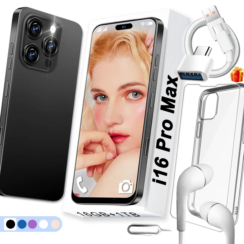 Разблокировка смартфона i16 Pro Max для комплекта Android, 16 ГБ + 1 ТБ, Wi-Fi GPS Goodplay Store Приложение Dual SIM, оригинальный экран FHD сотового телефона