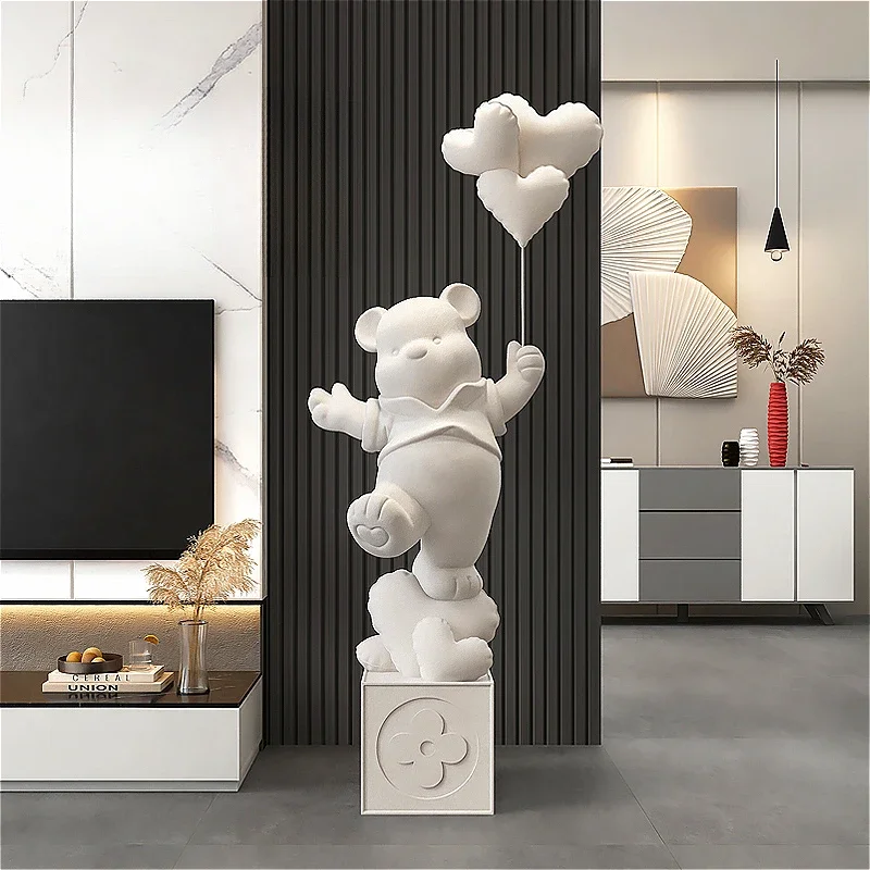 Large Love Bear Floor Standing Cute Ornament Decoration with Base, Living Room Interior Furniture Accessories Sculpture