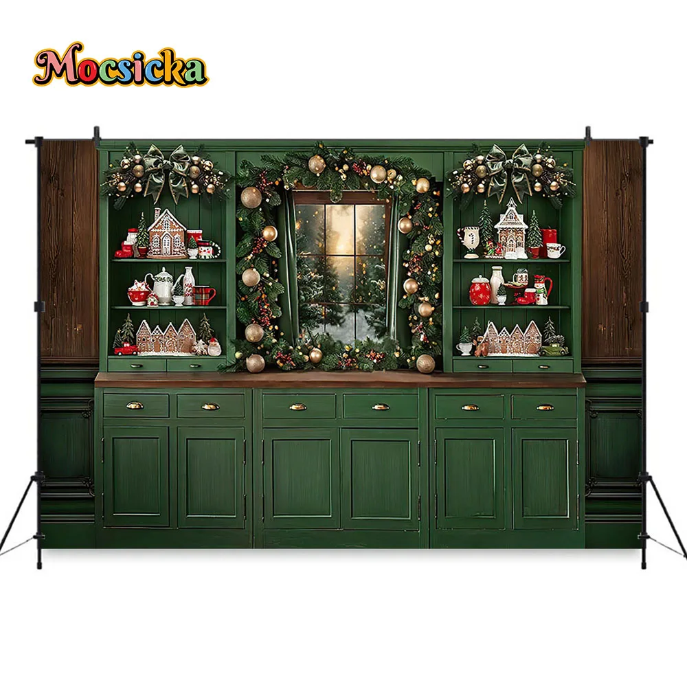 Fondo de gabinete verde Retro para fotografía de Navidad, Fondo de foto de cocina familiar, corona de bola de Navidad dorada, decoración de cabina de ventana