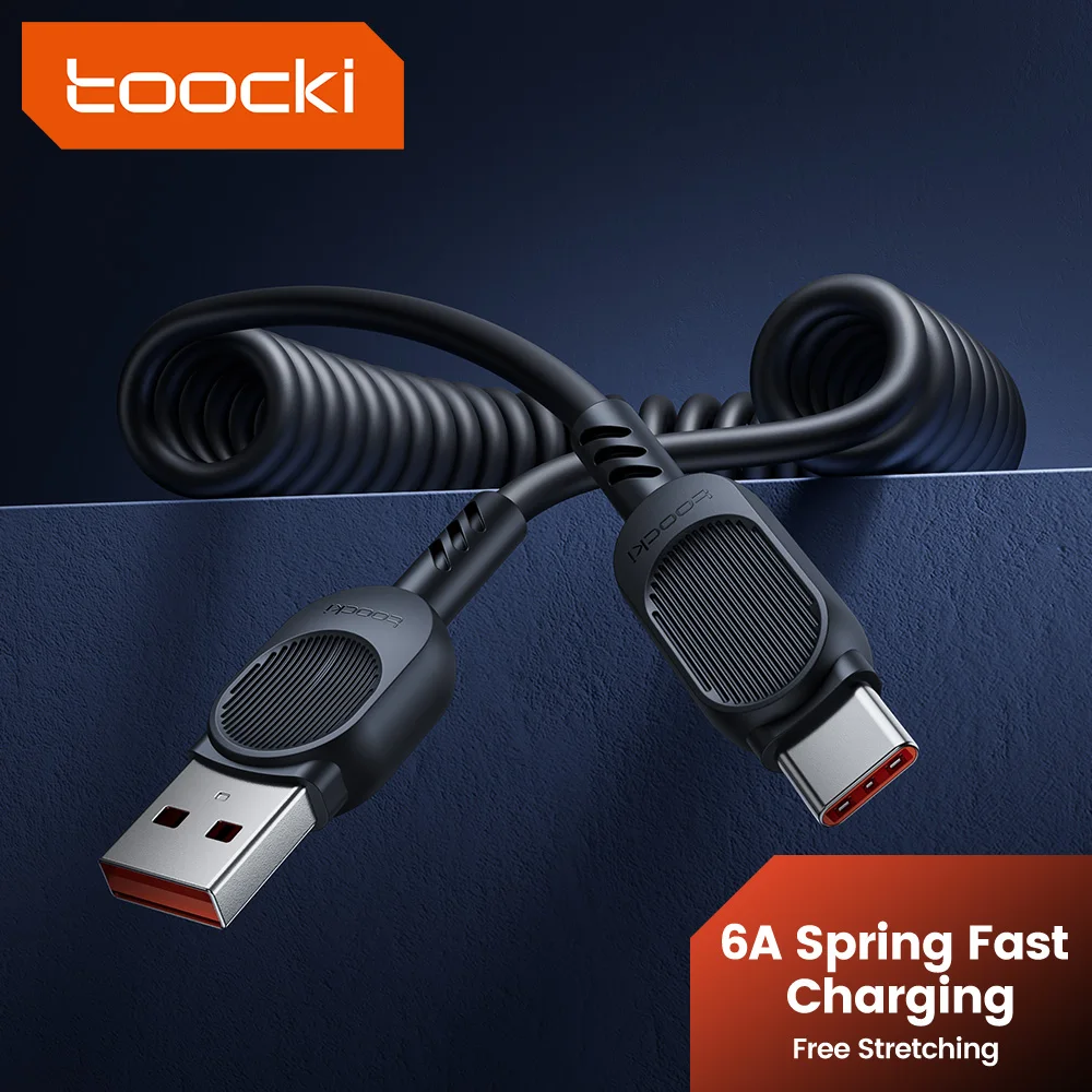 Toocki 100W USB Type C Data Cable Fast Charging Spring Pull Telescopic 6A USB C Android For Samsung Xiaomi Huawei Car Phone Cord