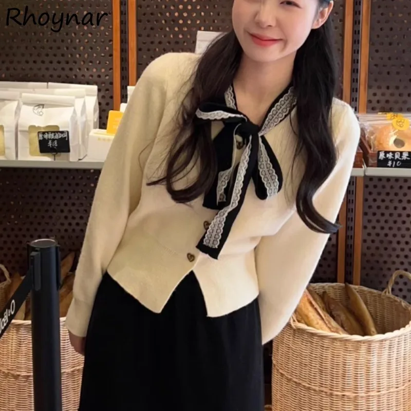 

Cardigans Women Bandage Lace Patchwork Bow Retro Elegant Temperament Sweater Knitted Tops Ulzzang Autumn Winter Chic