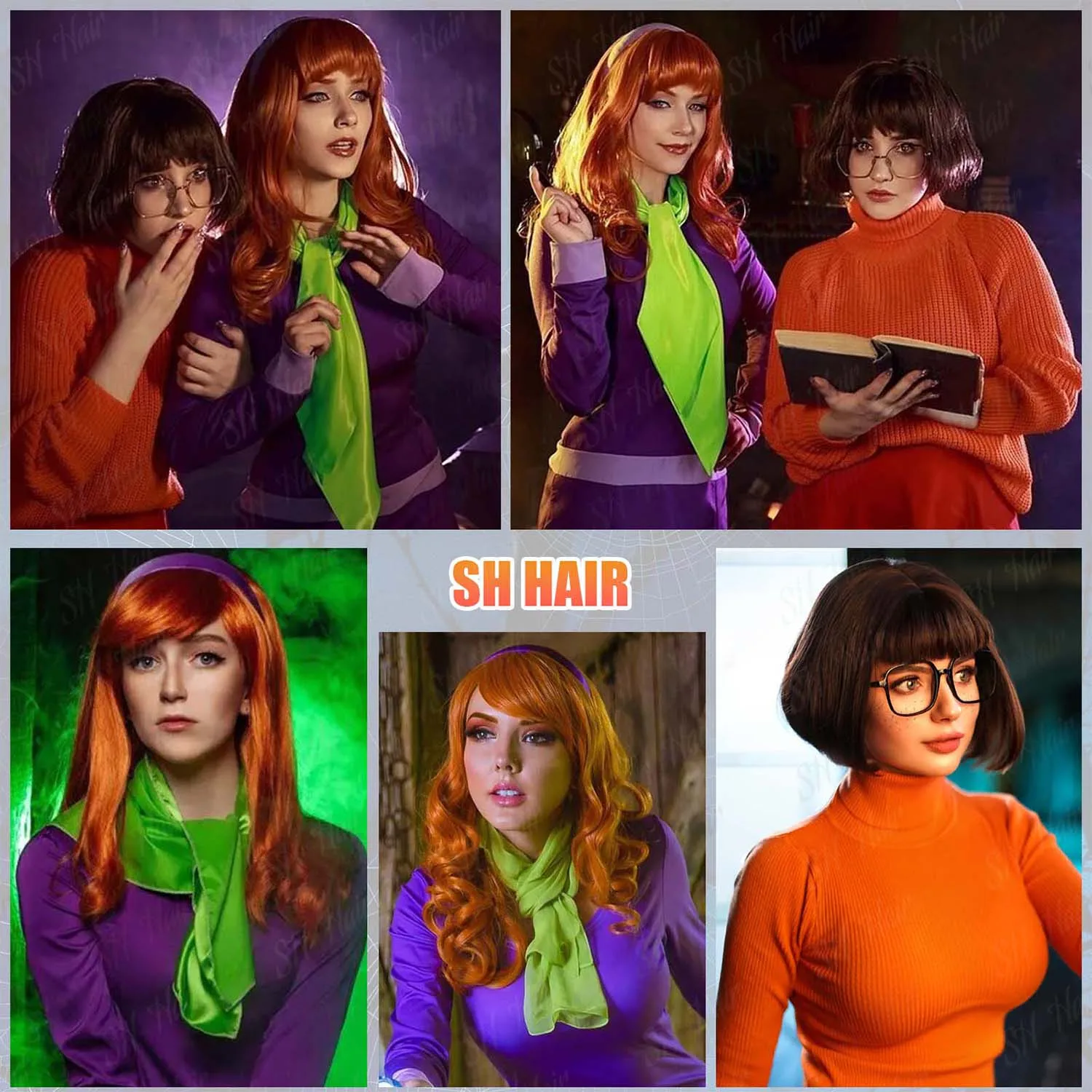 Synthetic Long Curly Orange Wig+Purple Headband Daphne Wig,Brown Wig with Bangs+Glasses+Magnifying Glass Velma Wig for Halloween - view 6