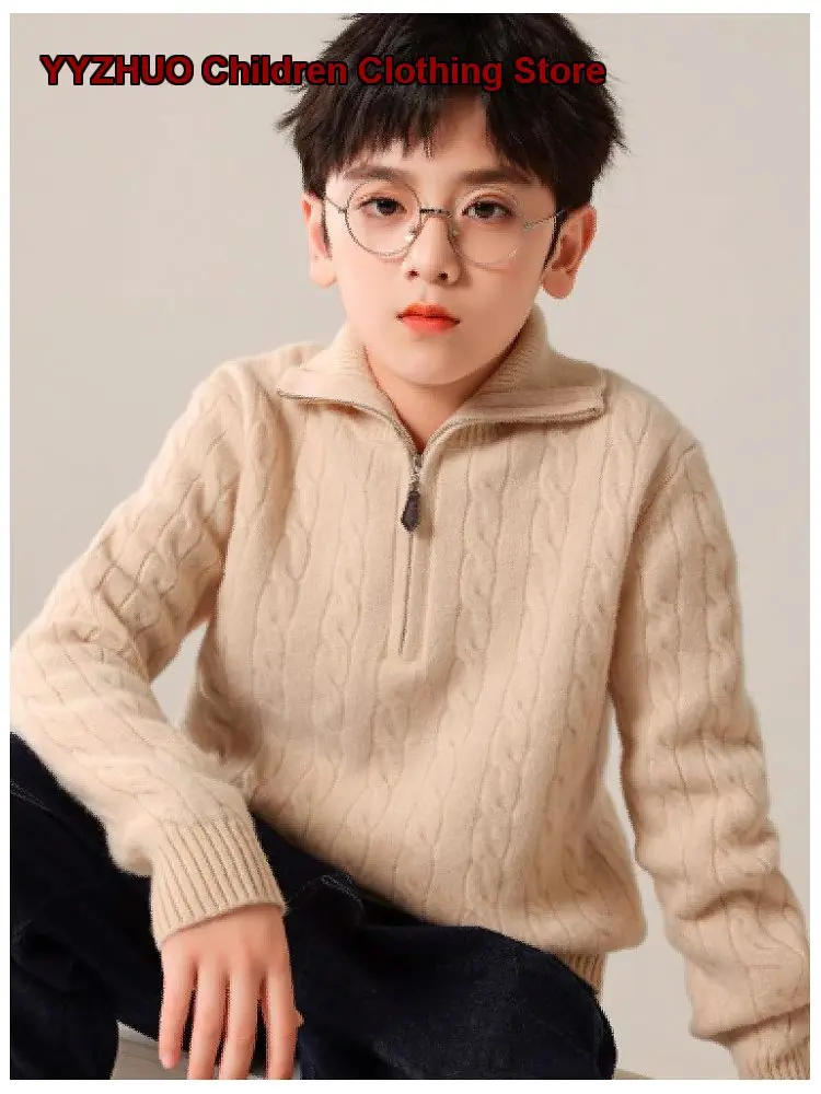 Kids Solid Color Sweater Girls Turn-Down Collar Zip-Up Pullover Boys Thickened Knit Cashmere Base Layer Top Teenager Older Kids