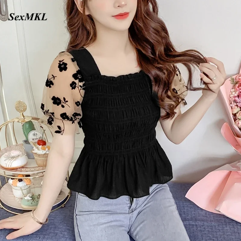 Summer Puff Sleeve Corset Top Blouse Women 2024 Fashion Casual Mesh Patchwork Blusa Mujer Korean Slim Sexy Chiffon Black Blouses