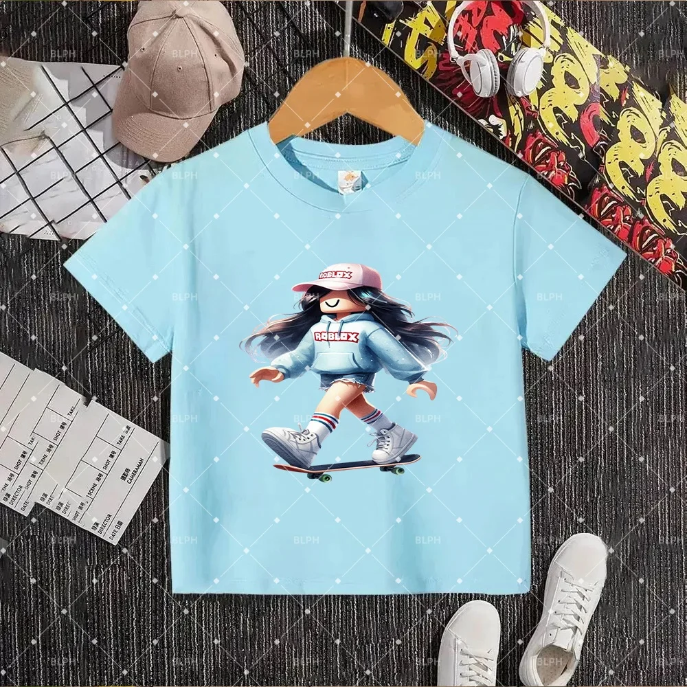 Cute Roblox Character Printed Kids T-Shirt, Fashionable Hoodie Style with Long Hair and Skateboard Design for Children