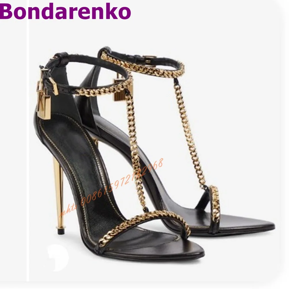 Mirror Metal Chain Sandals Women Shoes Pointed Toe Gold Stiletto Heel Sandals Ankle Buckles Lock T Straps Design Shoes Banquet