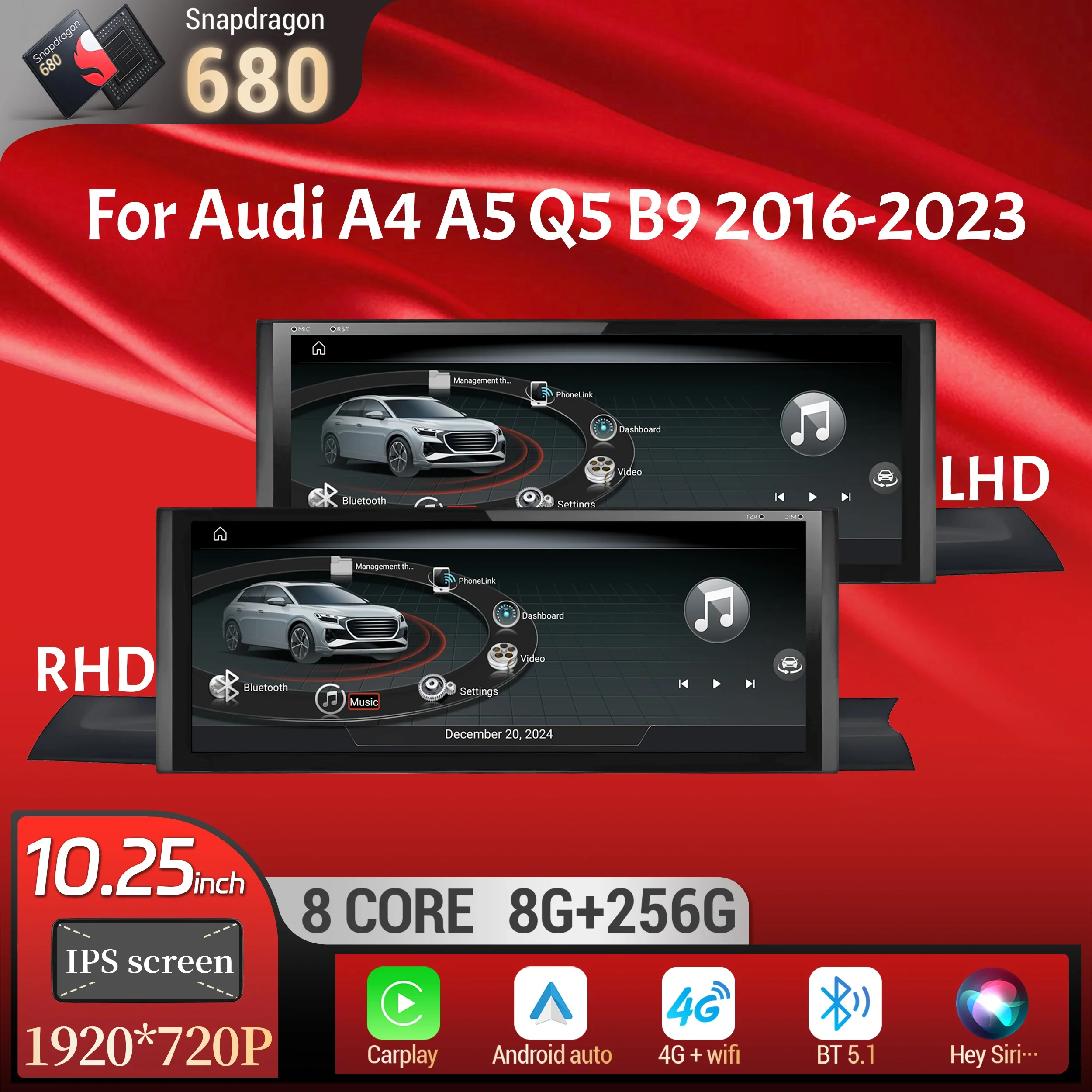 

10.25 inch Android 13 LHD RHD For Audi A4 A5 Q5 B9 2016-2023 Car Radio Wireless BT Carplay Qualcomm Snapdragon 680 Touch Screen
