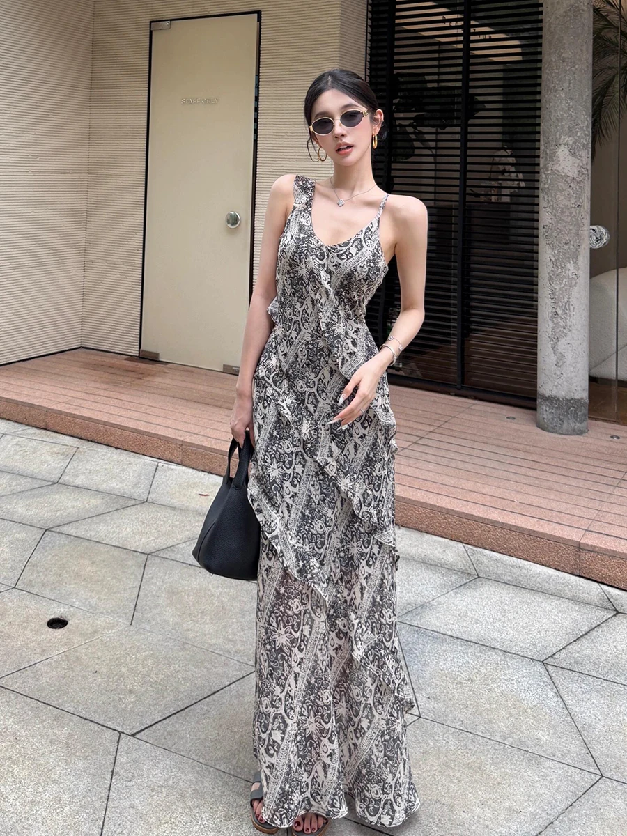 ReddaChic Damska Letnia Sukienka Maxi z Głębokim Dekoltem, Szyfonowa, z Nadrukiem, Dekolt V, Cienkie Ramiączka, Asymetryczna Falbanka, Jednoczęściowa, Boho, Wakacyjna, Plażowa