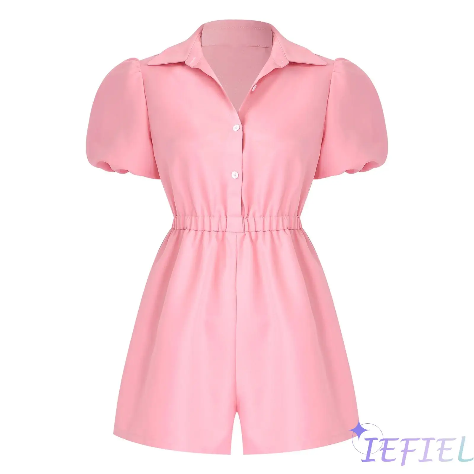 Fashion Women Short Puff Sleeve Romper Lapel Front Button Elastic Waist Shorts Jumpsuit for Office Vacation Casual Clothing