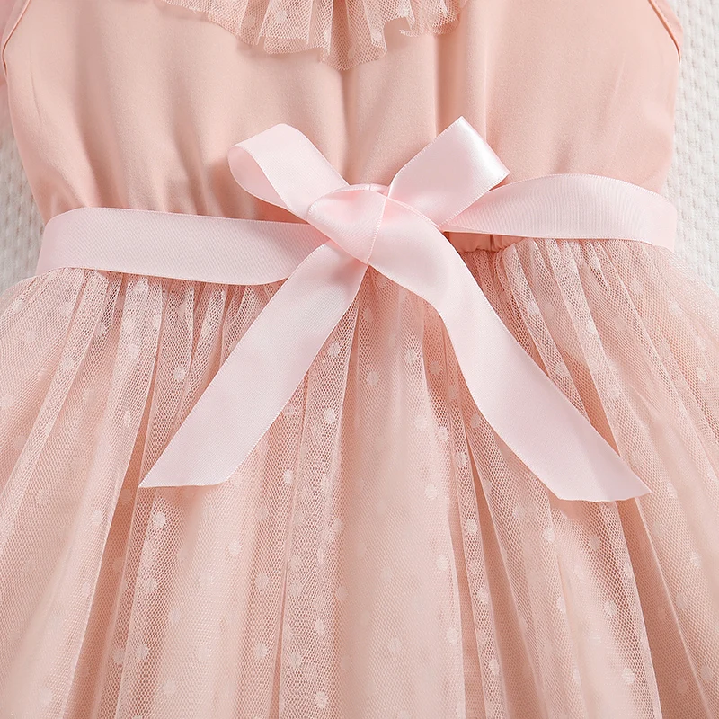 Kids Dress For Girls Pink Lace V-Neck Tulle Dress & Detachable Belt Sweet Princess Style  Birthday Party Children Daily Clothes