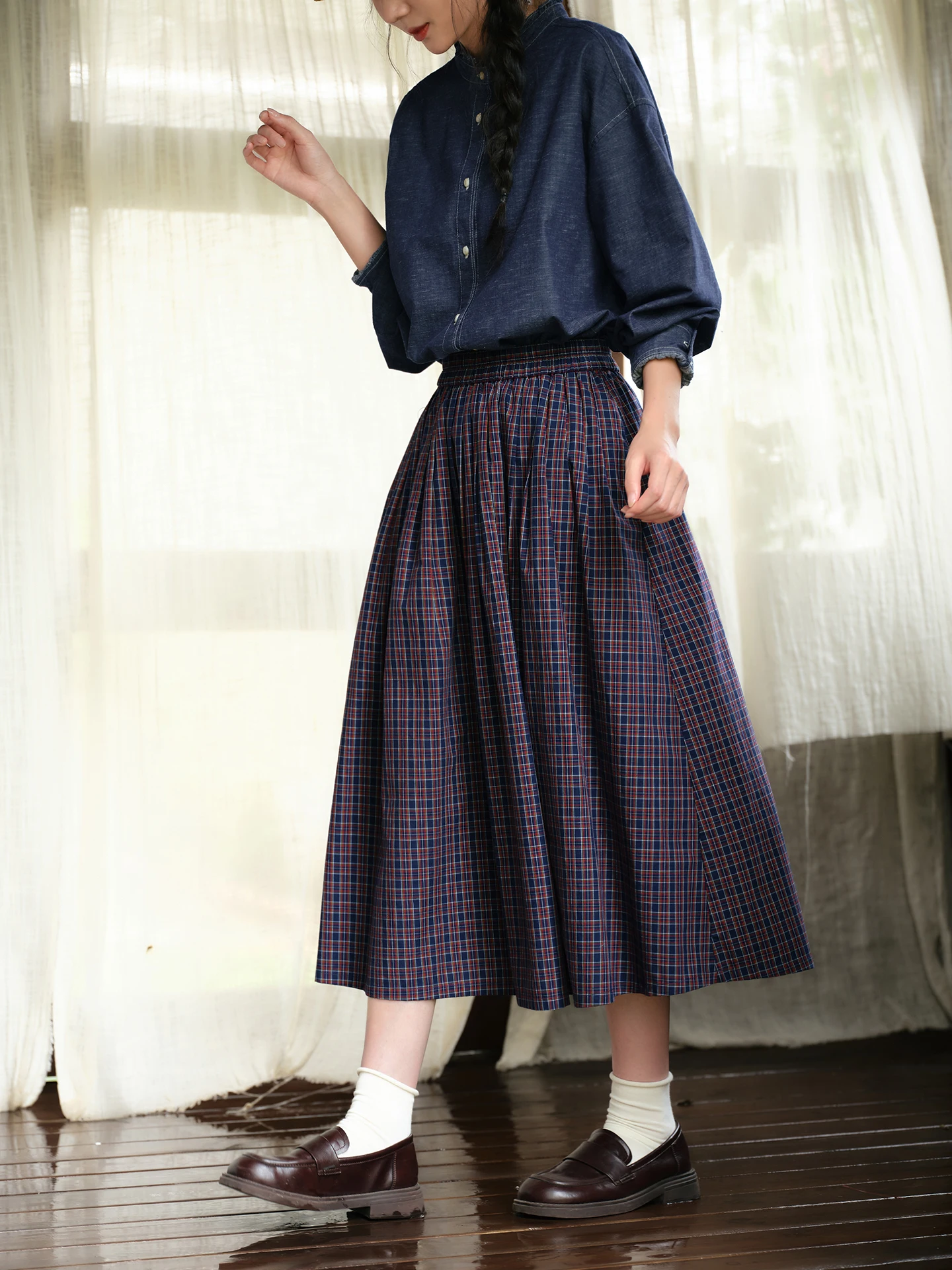 Original  Stitching Misty Purple Blue Pure Cotton Plaid  Skirt Women's Small Size High Waist A-Line Skirt Elegant Mid...