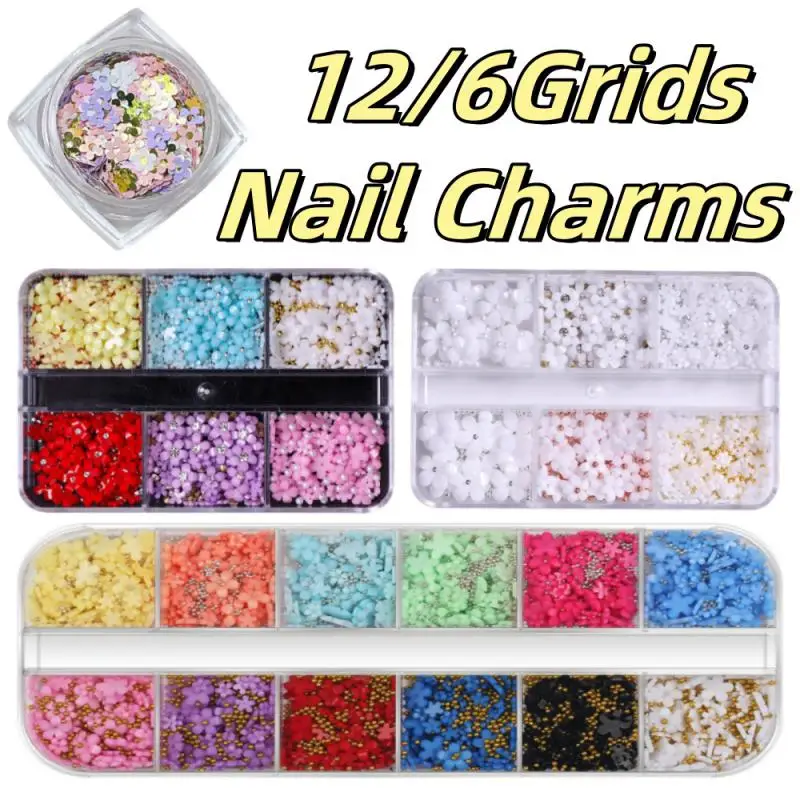 12/6Grids 3D Flower Nail Art Rhinestones Resin Acrylic Flower Nail Charms Pink White with Beads Five Petal Floral DIY Nail Part