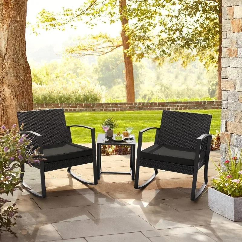 Patio Furniture Set 3 Piece Resin Outdoor Bistro Set Rocking Patio Chairs with Cushions and Table for Porch, Poolside