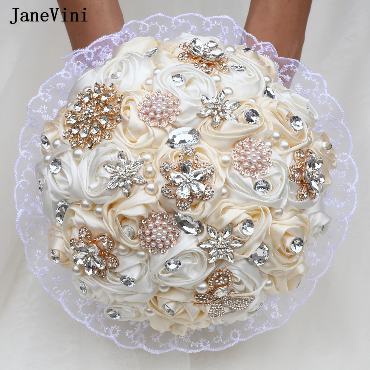 JaneVini-Broche Ivoire Abricot Élégant, Bouquet de Fleurs Poubelles en Satin Artificiel, Bouquets de Patients, Perles de Clip, Décoration de Mariage