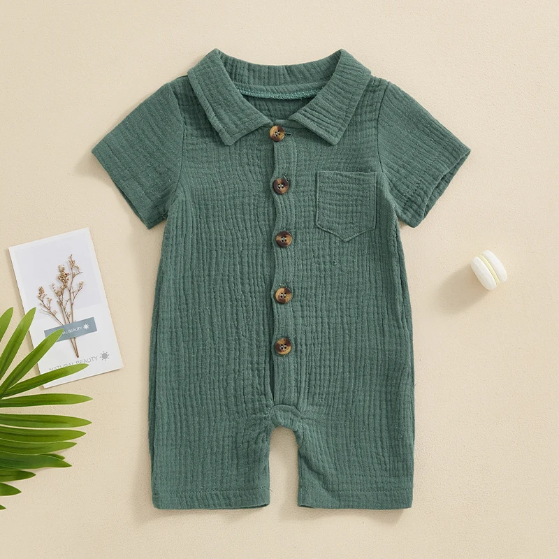 Baby Clothing Boys girl Summer Solid Cotton Linen Pocket Short Sleeve Button Rompers Jumpsuits For Newborn Clothes