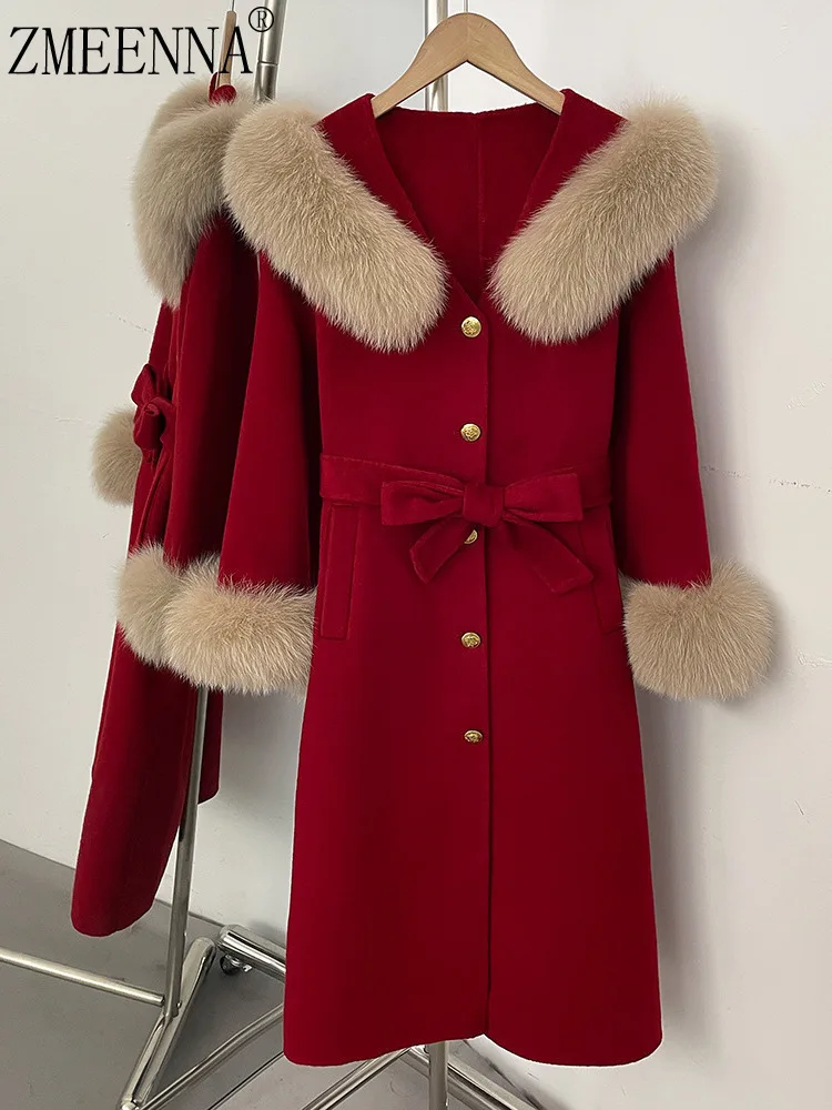 

ZMEENNA Womens Luxurious Red Wool Blend Long Coat Fur Collar Cuffs Single Breasted Gold Buttons Tie Belt Jacket ZM4709