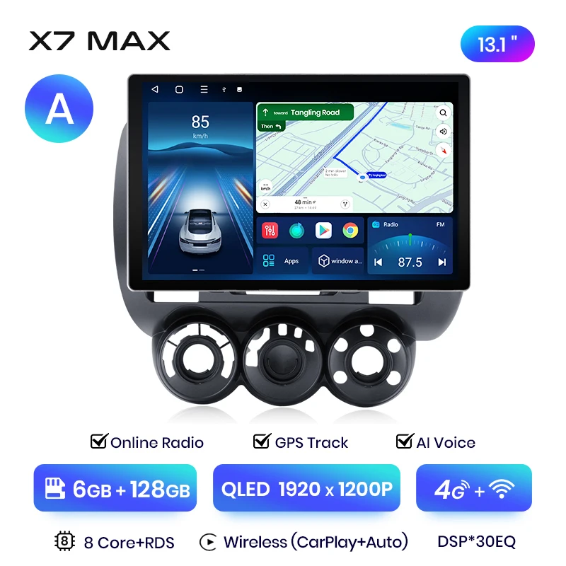 Junsun 13,1 inch QLED Android draadloze CarPlay autoradio voor Honda Fit Jazz City 2002-2007 Intelligente systemen DSP SWC RDS