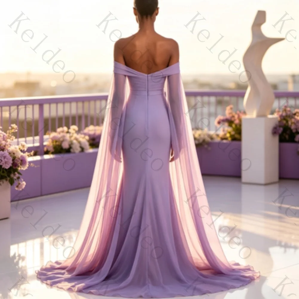 Customized Women Off Shoulder Gradient Purple Mermaid Evening Dress Chiffon Long Cape Sleeve Floor Length Formal Gown Prom Maxi