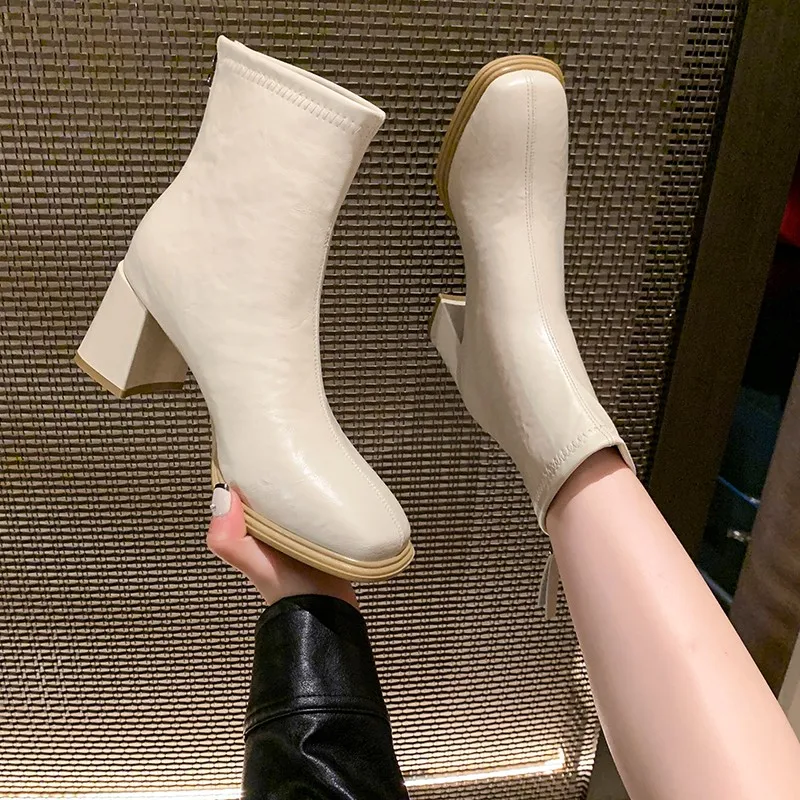 

Elegant Square Toe High Heel Solid Ankle Boots Woman Concise Back Zipper Short Booties Ladies Autumn Vintage White Botas