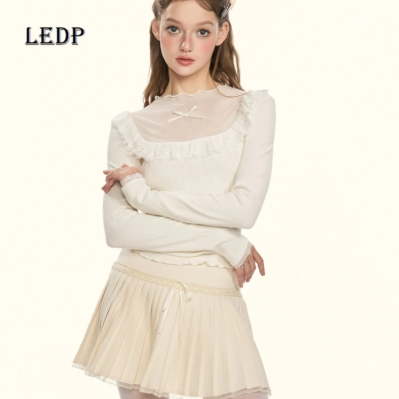 

French Design White Lace Mesh Splicing Women's Bottoming Shirt Autumn Winter Stand-up Collar Slimming Knitted Sweater Top Girl