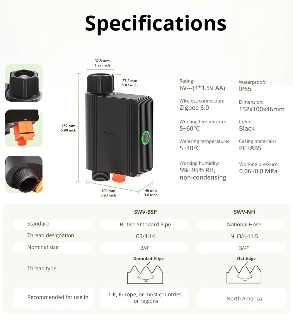 SONOFF SWV Zigbee 3.0 Inteligentny zawór wodny IP55 Automatyczny system nawadniania z ustawianiem czasu, inteligentne życie z eWeLink, kompatybilny z Alexa i Google