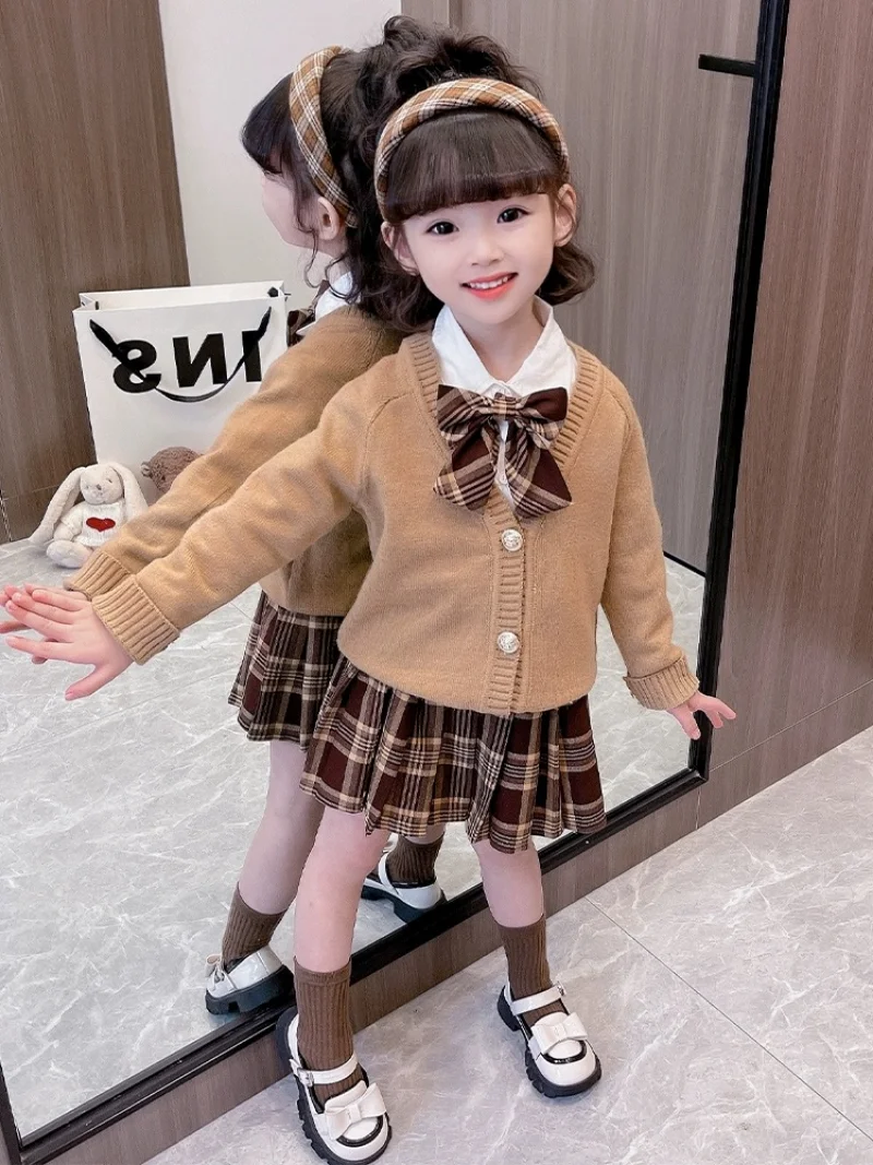 Mädchen Süße Anzüge Herbst Outfit Baby College Wind Frühling Gitter Falten Rock + Pullover Strickjacke + Hemd 3 stücke Sets kinder – Detail 20