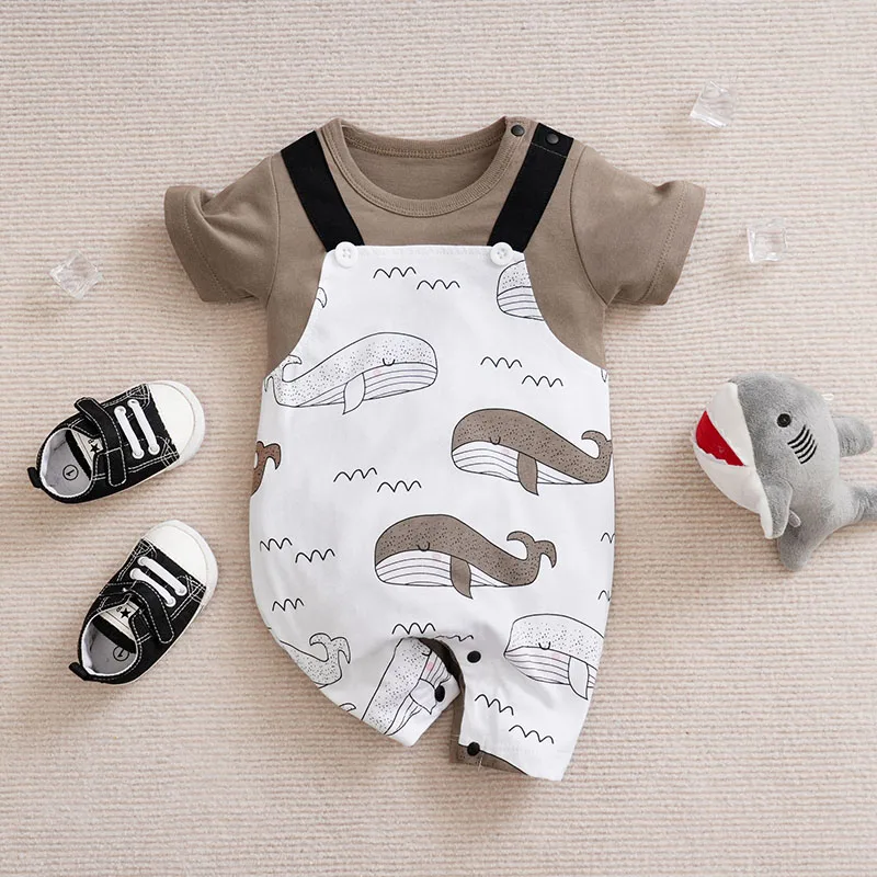 

Summer fashion baby jumpsuit short sleeved fake two-piece shark baby boy and girl jumpsuit