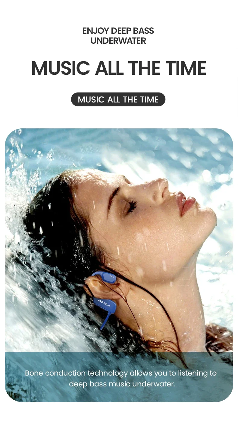 Bone Conduction Headset 8GB Storage Swimming Headset IP68 Waterproof Open Ear Wireless BT 5.2 Sport Ear Hook Earphones