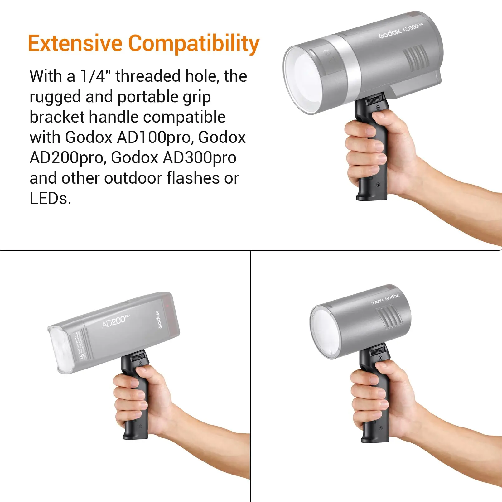 Godox FG-100 Flash Grip Przenośny Uchwyt z Głowicą Mocującą 1/4" do Lamp Błyskowych Godox AD200 Pro II AD300 Pro do Użytku Zewnętrznego — zdjęcie produktu 2