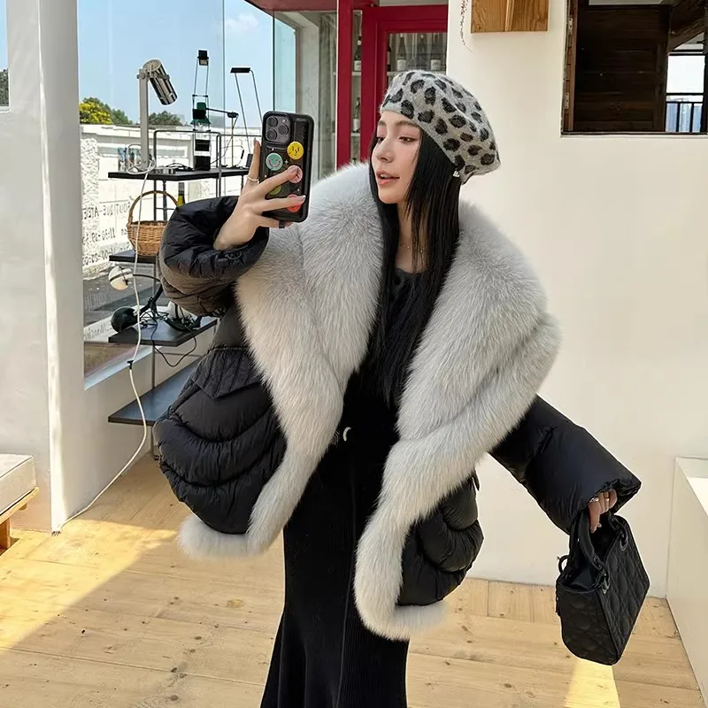 2025 New Winter High-end Fox Big Fur collar Short White goose down Jacket Women's Fashion Fur Coats Female Warm Parka