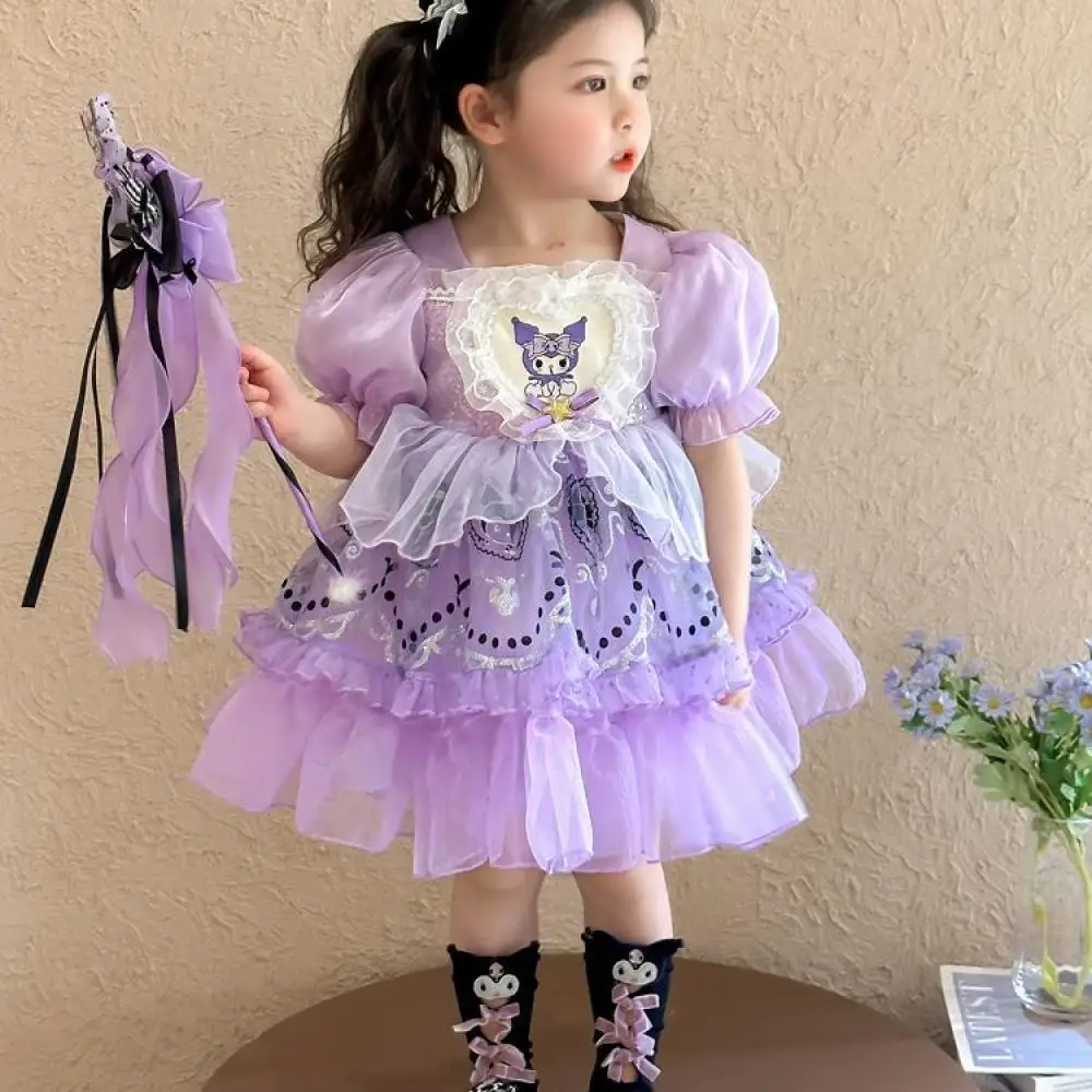 

Платье Sanrios для девочек, летнее платье Kuromi, новая детская одежда в стиле Лолиты с короткими рукавами для девочек, юбка принцессы, праздничные платья для девочек, подарки