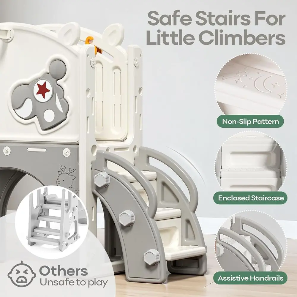 10-in-1 peuterglijbaan 10-in-1 voor kinderen van 1-3 jaar, elandenthema met basketbal en golf, binnen/buiten, beige en grijs (54x62x39in)