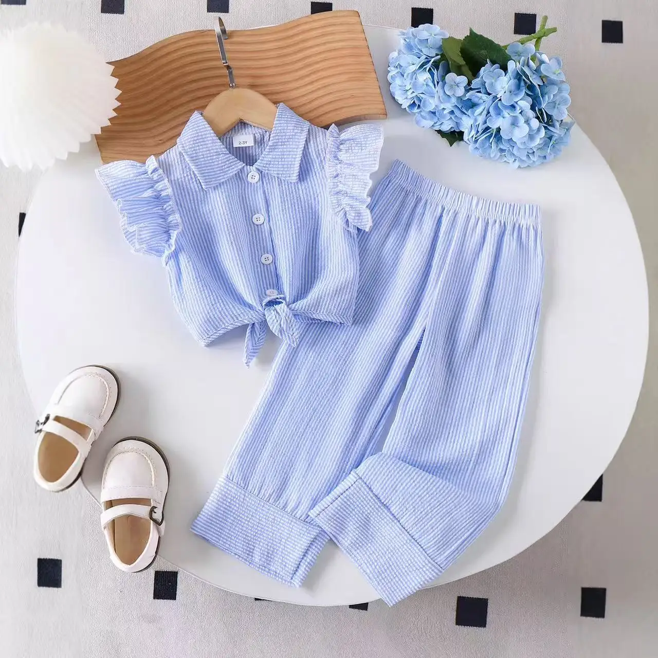 

2026 New Girls Summer 2 Pcs Outfits Blue Striped Flutter Sleeve Tee + Loose Pants EU US Casual Kids Clothes for 2-7Y