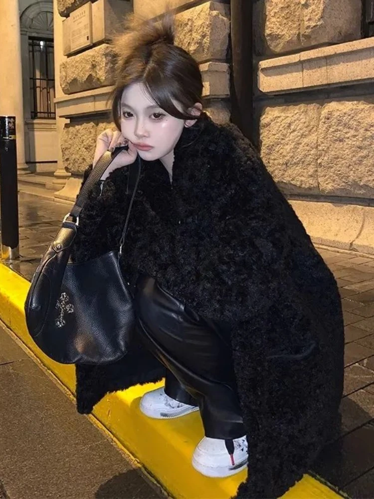 Deeptown Korean Fashion Black Lamb Wool Jacket Women Elegant Thicken Faux Fur Coat Female Winter Vintage Warm Outwear Streetwear