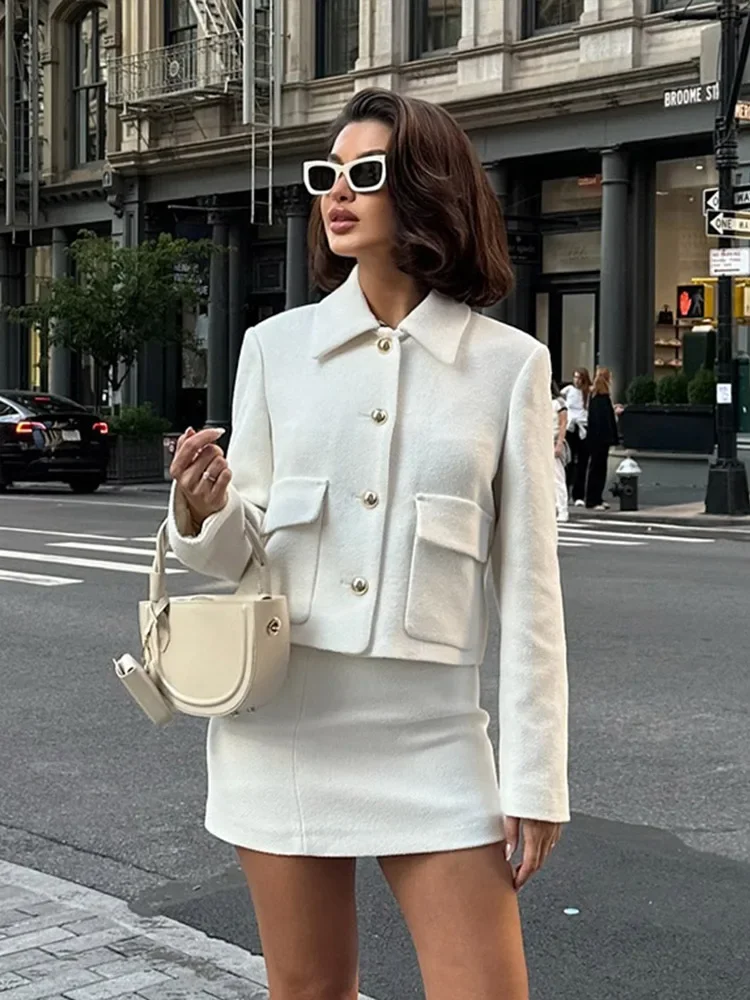 Elegant Women Solid Jacket 2 Piece Set Fashion Button Lapel Slim Coat High Waist A Line Mini Skirt 2024 Autumn Lady New Outfits