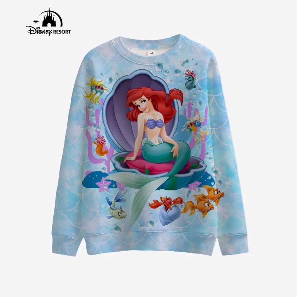 Disney Princess print Y2k cartoon print long sleeved loose sportswear for women\'s spring casual fashion round neck pullover