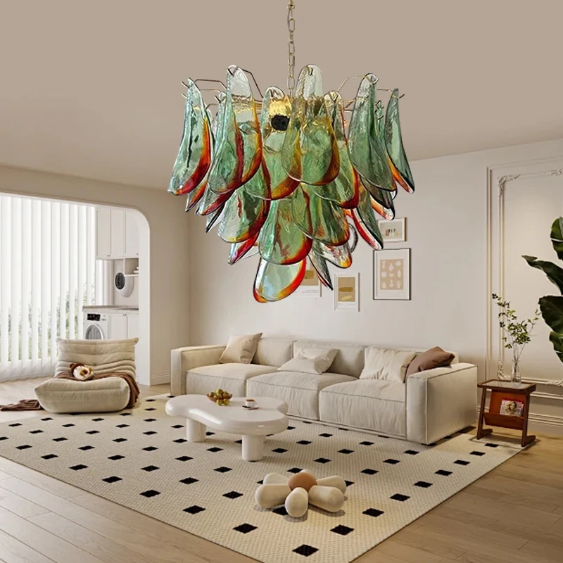 

French Green orange Glass Flower Ceiling Chandelier large Murano lamp Designer Hanglamp for Living Room Vintage large Hanglamp