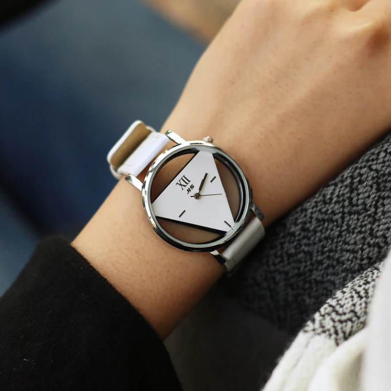 Fashion Hollow Triangle Women Quartz Watches Simple Novelty and Individualism Creative Wrist Watch Black White Leather Clock