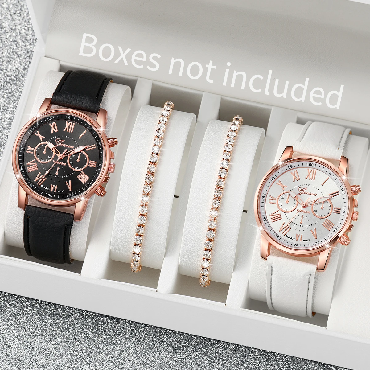 4PCS/Set Classic Black and White Fashion Watch Casual Women's Leather Watch+Diamond Bracelet