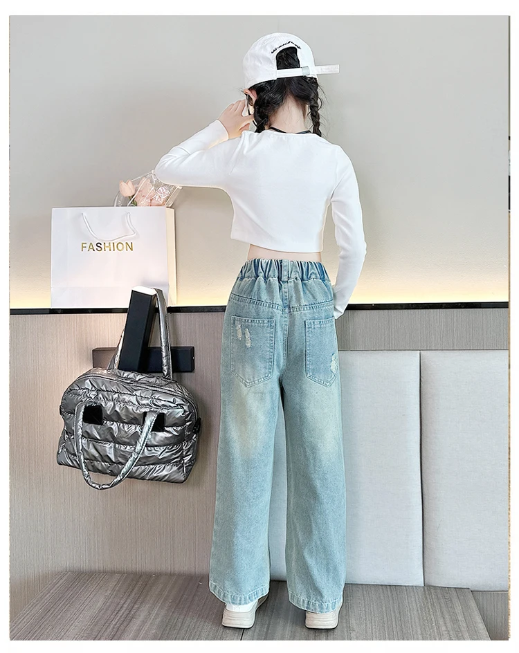 Cowgirl Ripped Jeans mit Löchern für Kinder Mädchen, lässiger Stil, zerrissene Denim-Hosen, Frühling Herbst Kinder High Street Kleidung 5 bis 14 Jahre – Detail 7