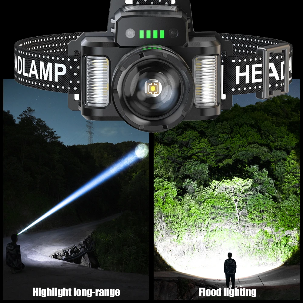 Lampe de sauna zoomable blanche 30W, détecteur de mouvement, torche frontale TYPE-C lumière de sauna aste avec batterie 3600mAh pour la pêche au camping