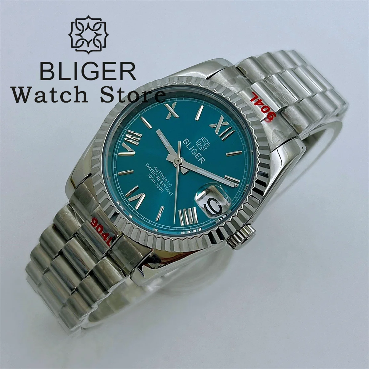 BLIGER 36mm 39mm NH35A Automatic Men\'s Watch Fluted Bezel Sapphire Sunbusrt Peacock Blue dial Date Stainless steel Bracelet