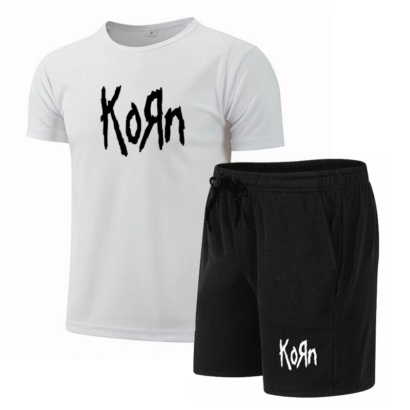 Summer Men\'s Sportswear KORN Fitness Suit Running Clothes Casual T-shirt + Shorts Sets Breathable 2 Piece Jogging Tracksuit